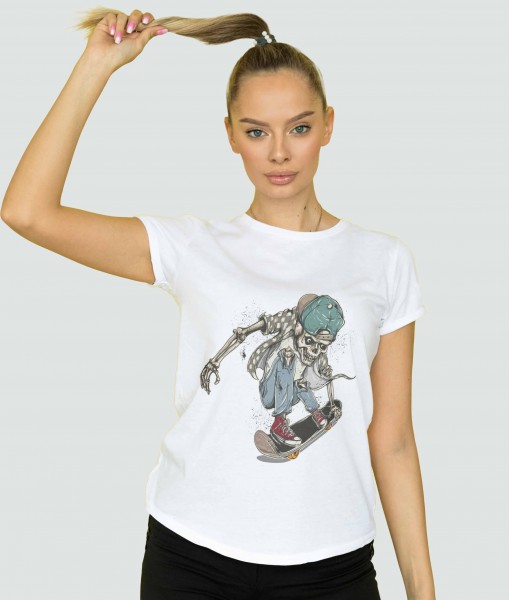 Дамска тениска с щампа Готика Skateboarder Skeleton - TShirtArtShop.com